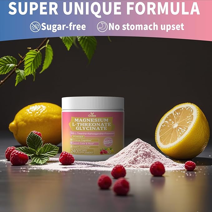 Magnesium Powdered Drink Mix with Magnesium Glycinate, Potassium, L-Theanine, Ashwagandha, and Vitamin D for Men and Women, Raspberry Lemonade, (240g)