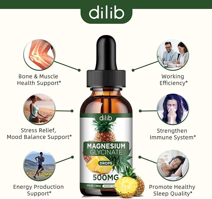 Magnesium Glycinate Supplement, Liquid Magnesium Glycinate Liquid Drops 500mg-Support Stress Relief, Relaxation, Mood, Sleep, Bone & Muscle-2 Fl Oz, Vegan, Pineapple Flavor