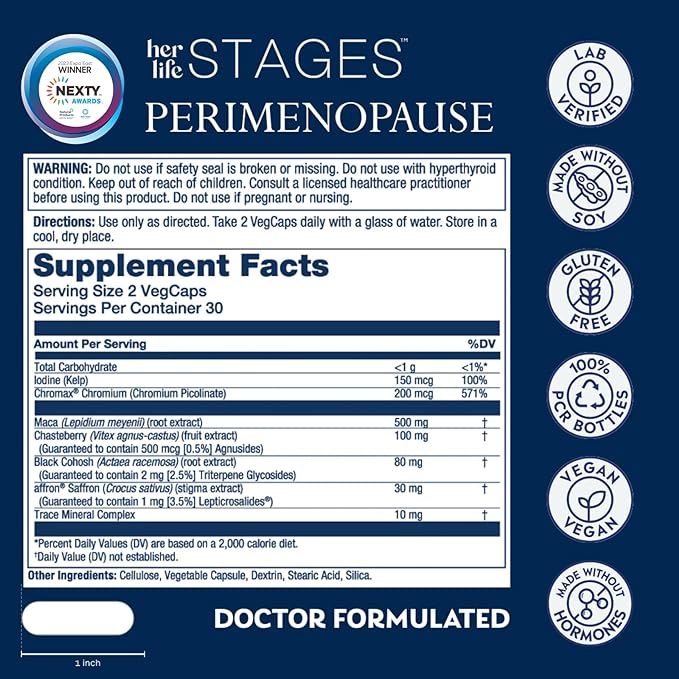 Solaray Perimenopause her Life Stages - Perimenopause Supplements Women - Hot Flashes, Menopause Support - Saffron and Chasteberry - Made Without Hormones - 60-Day Guarantee - 30 Servings, 60 VegCaps