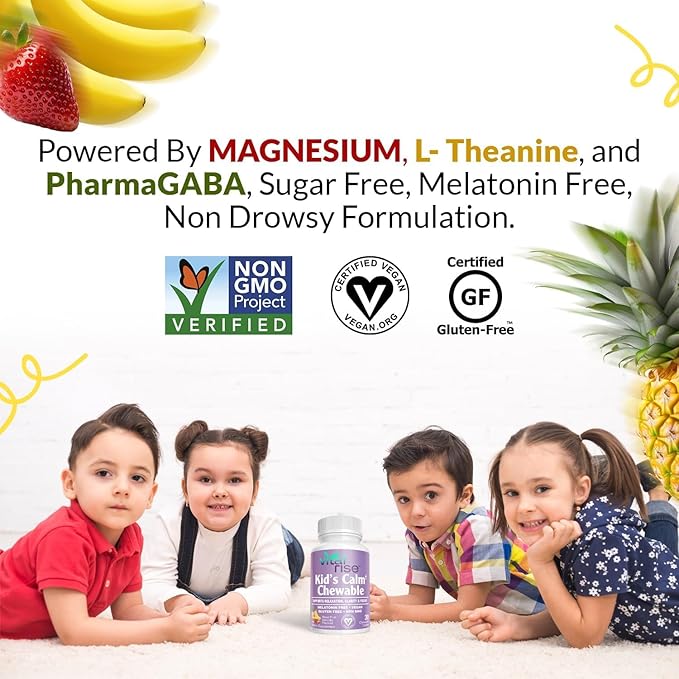 Kids Magnesium Chewables - Daily Supplement, Sugar-Free & Melatonin-Free, Supports a Healthy Stress Response & Focus, Fast-Absorbing Magnesium with L-Theanine, Mixed Fruit Flavor,