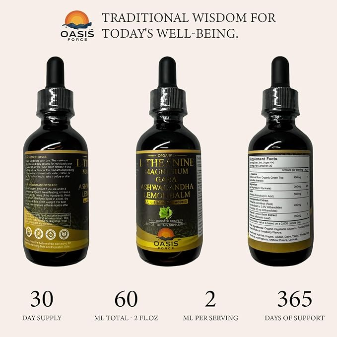Oasisforce L Theanine 400mg Liquid Drops, L-Theanine Supplement for Adults & Kids with GABA, Magnesium & Ashwagandha, Natural Sleep, Focus & Relaxation Support, Vegan, Alcohol-Free, Non-GMO, 2 FL OZ