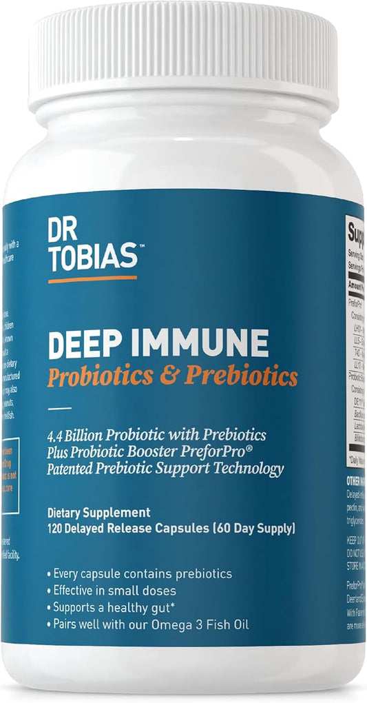 Dr. Tobias Deep Immune Probiotics & Prebiotics, 4.4 Billion CFU Probiotics for Women & Men, Supports Digestive Health, Gut Immune Function, Nutrient Absorption, 120 Capsules, 60 Servings