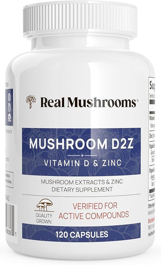 Real Mushrooms Zinc Supplements for Adults 120ct Vitamin D2 Immune Support with Chaga Reishi - Vegan, Gluten-Free, Non-GMO Vitamins Mushroom Capsules