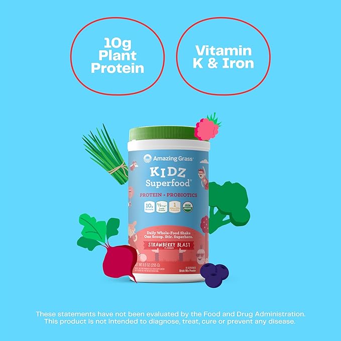 Amazing Grass Kidz Superfood: Vegan Protein & Probiotics for Kids with Beet Root Powder & 1/2 Cup of Leafy Greens, Strawberry Blast, 15 Servings