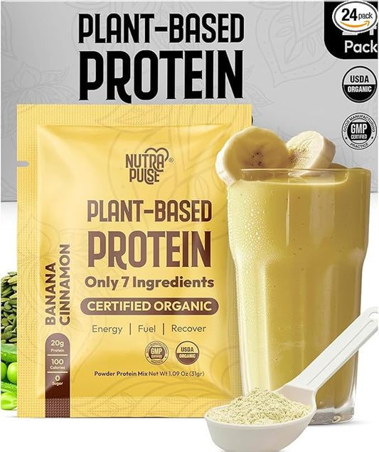 Vegan Protein Powder Sample Pack – Organic Plant-Based Protein, 20g per Serving – Gluten-Free, Non-GMO, Dairy-Free – Banana Cinnamon Flavor – Great for Shakes & Smoothies – 24 Pack