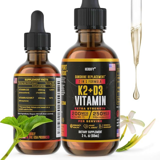 HERBIFY Vitamin D3 K2 Drops – Liquid Vitamins for Women, Men & Teen - Bone Strength Supplements - D3 K2 Mt Vitamins for Immune Support & Heart Health - Vitamin D3 10000 Iu Liquid K2 Drops – 2 oz