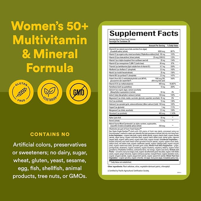 Natural Factors Whole Earth & Sea Women's 50+ Multivitamin & Mineral, 1 Serving Contains Nutrition Equivalent to ½ lb of Veggies, 60 Tablets