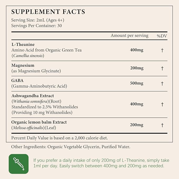 Oasisforce L Theanine 400mg Liquid Drops, L-Theanine Supplement for Adults & Kids with GABA, Magnesium & Ashwagandha, Natural Sleep, Focus & Relaxation Support, Vegan, Alcohol-Free, Non-GMO, 2 FL OZ