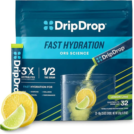 DripDrop Hydration - Lemon Lime - Electrolyte Drink Mix Single Serve Hydration Powder Packets | Non-GMO, Gluten Free, Vegan | 32 Sticks