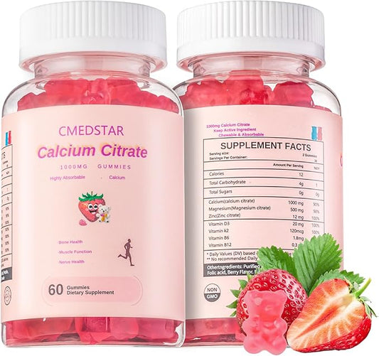 Chewable Calcium Citrate Gummies 1000mg with Vitamin D3 & K2, B6 & B12, Magnesium, Zinc for Bones, Muscles & Joints,Immunity & Memory Support,Sugar-Free, Gluten Free, Vegetarian, Strawberry, 60 Count