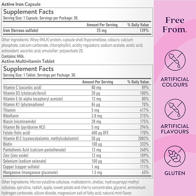 Active Iron Supplement for Women, Non-Constipating, 30 Active Iron Ferrous Sulphate Capsules with 30 Women's Multivitamin Tablets, Clinically Proven to Increase Iron & Energy Levels