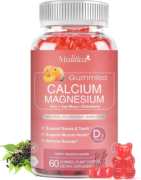 Calcium Gummies with D3,Zinc - Plant Complex Calcium Magnesium Supplement with Glycinate,Potassium,Vitamin C &Whole Natural Food for Bone & Immune Support- 60 Chewable Gummy Sugar-Free