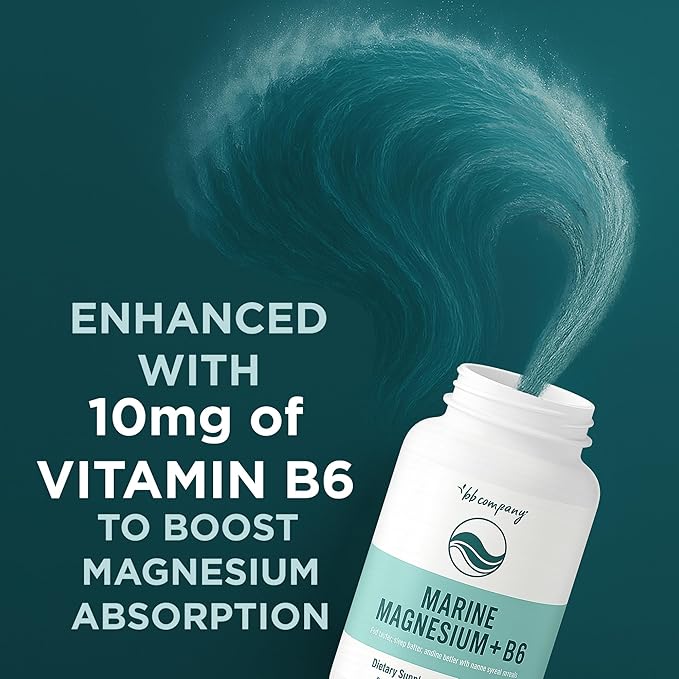 Ocean Magnesium 200mg Aquamin | More Soluble Than Magnesium Glycinate | Whole Food Mag B6 Supplement for Women | Gentle on Stomach & Vegan | Sleep Support, Calms Nerves & Leg Cramps | 60 Ct
