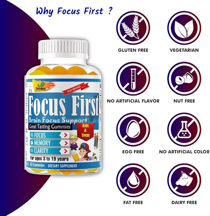 Focus First Kids Focus Support Gummies, Kids Brain Booster Focus Vitamins for Kids, Memory Booster Gummies for Brain with DHA/EPA Omega 3 6 9-60ct
