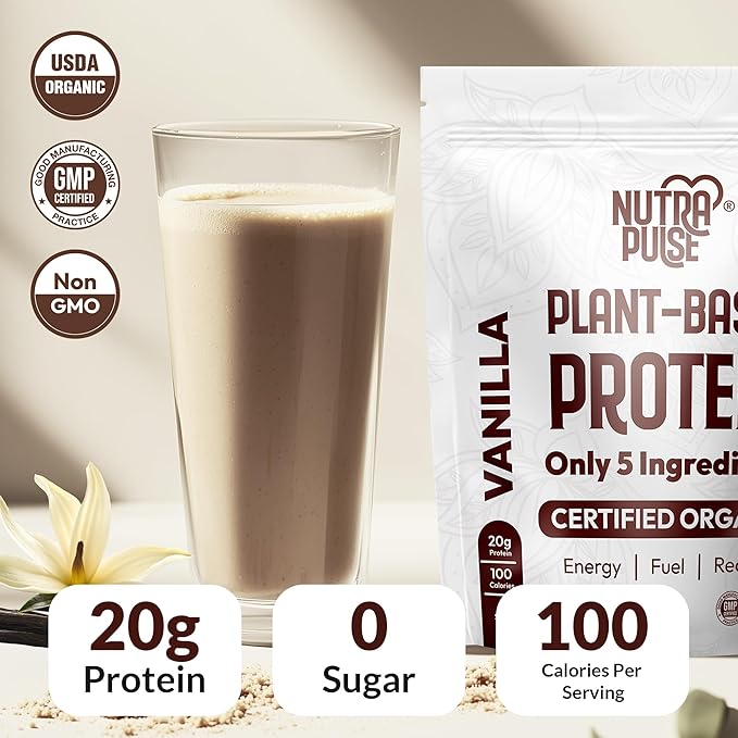 Organic Vegan Protein Powder – Vanilla Flavor, Plant-Based, Gluten-Free, Non-GMO, 20g Protein Per Serving, Ideal for Smoothies, Shakes, Baking, Cooking (1 Pack, 20 Servings)