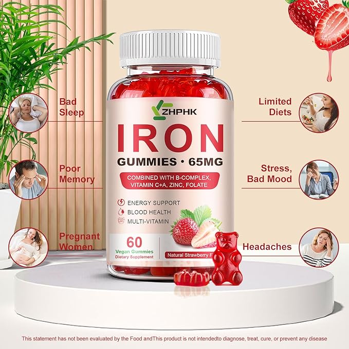 Iron Supplement Gummies for Women, Men & Kids, 65mg Iron & 250mg Vitamin C per Serving - Healthy Blood, Energy & Immune Support Iron Vitamin Gummy with Folate, 2 Pack