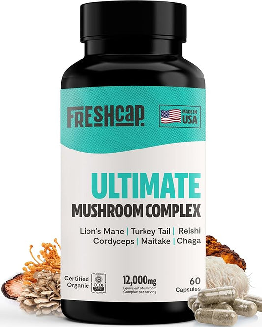 FreshCap Ultimate Mushroom Supplement 12,000mg - Mushroom Complex Capsules, Organic Mushrooms Supplement, Nootropic Brain Supplements for Memory and Focus Ayurveda (60 Capsules)