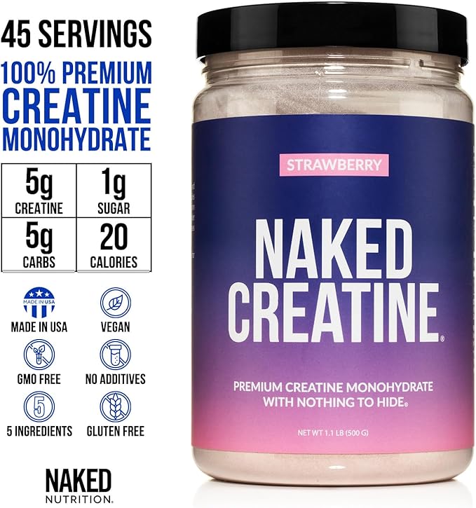 Naked Creatine - Strawberry Flavored Creatine Monohydrate - Real Strawberry Powder, Nothing Artificial, Muscle Growth, Vegan, Non-GMO, Gluten Free, Soy Free - 45 Servings
