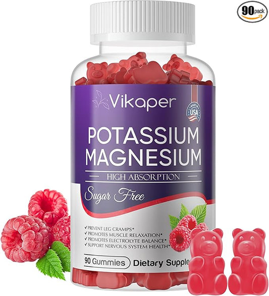Potassium Magnesium Gummies 500mg for Adults Sugar-Free High Absorption Magnesium Glycinate Supplement,Supports Leg Cramps,Muscle,Heart Health,Non-GMO Magnesium Gummy Raspberry Flavor 90 Count
