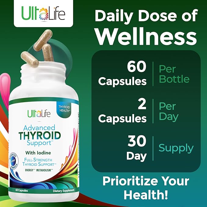 Daily Thyroid Boost Advanced Formula with Iodine Ashwagandha Vitamin B12 Zinc and Selenium for Energy Metabolism and Focus 60 Capsules