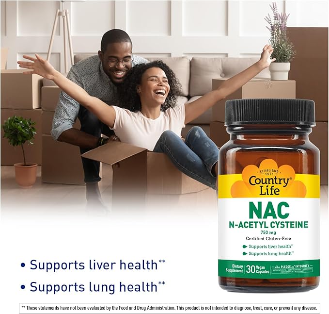 Country Life N-Acetyl Cysteine (NAC) 750 mg – Premium Liver Support and Lung Health Supplement – Powerful Antioxidant Protection, Liver Detox & Cleanse, Immune Support, 30 Vegetarian Capsules