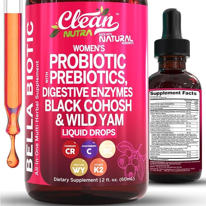 Liquid Probiotics for Women Drops with Chasteberry, Black Cohosh, Prebiotics, Digestive Enzymes, Evening Primrose Oil, Wild Yam, Cranberry Dmannose and Iron Vitamin D3 K2 Clean Nutra Bella Biotics (3)