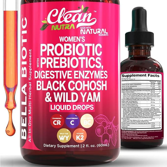 Liquid Probiotics for Women Drops with Chasteberry, Black Cohosh, Prebiotics, Digestive Enzymes, Evening Primrose Oil, Wild Yam, Cranberry Dmannose and Iron Vitamin D3 K2 Clean Nutra Bella Biotics (3)