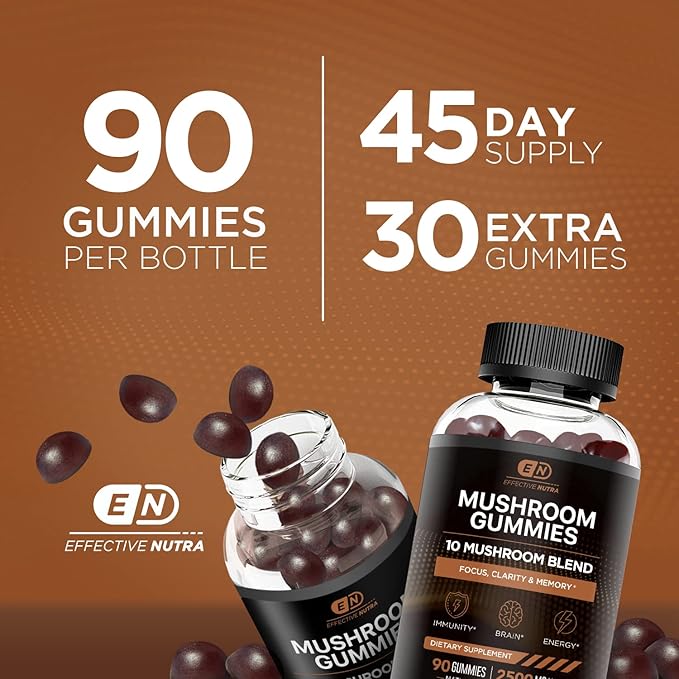 Mushroom Gummies 10 Blend - Mushroom Complex 2500mg - Mushroom Supplement for Men & Women - Brain Booster, Immune Support, Energy 90ct (2-Pack)