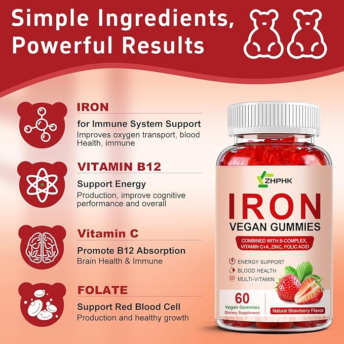 Iron Supplement Gummies for Women, Men & Kids, 65mg Iron & 250mg Vitamin C per Serving - Healthy Blood, Energy & Immune Support Iron Vitamin Gummy with Folate, 2 Pack