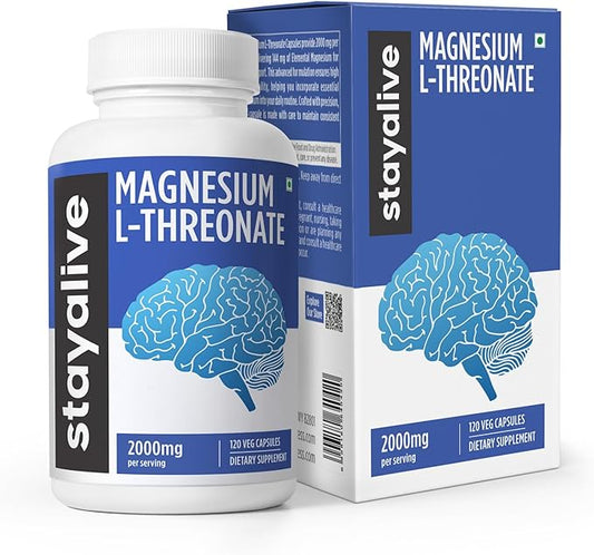 STAY ALIVE Pure Magnesium L-Threonate Supplement 2000mg, Chelated, High Absorption, 120 Capsules w/Elemental Magnesium Powder, Non-GMO & Gluten Free L-Threonate Complex for Women and Men