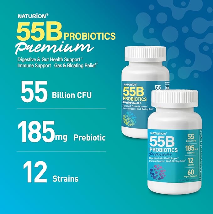 55B Probiotics Premium - 55 Billion CFU, 12 Strains, 185mg Prebiotic - Immune Support, Digestive & Gut Health - Supports Occasional Constipation, Gas & Bloating - 60 Vegan Capsules, 60 Day Supply