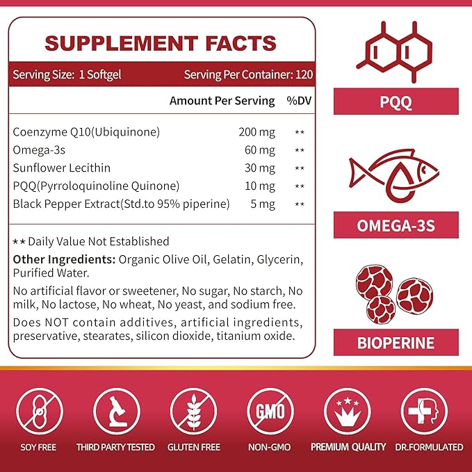 CoQ10-200mg-Softgels with PQQ, BioPerine & Omega-3, 120 Servings Coenzyme Q10(Ubiquinone) Supplement for High-Absorption, Powerful-Antioxidant, Support Heart & Energy-Production