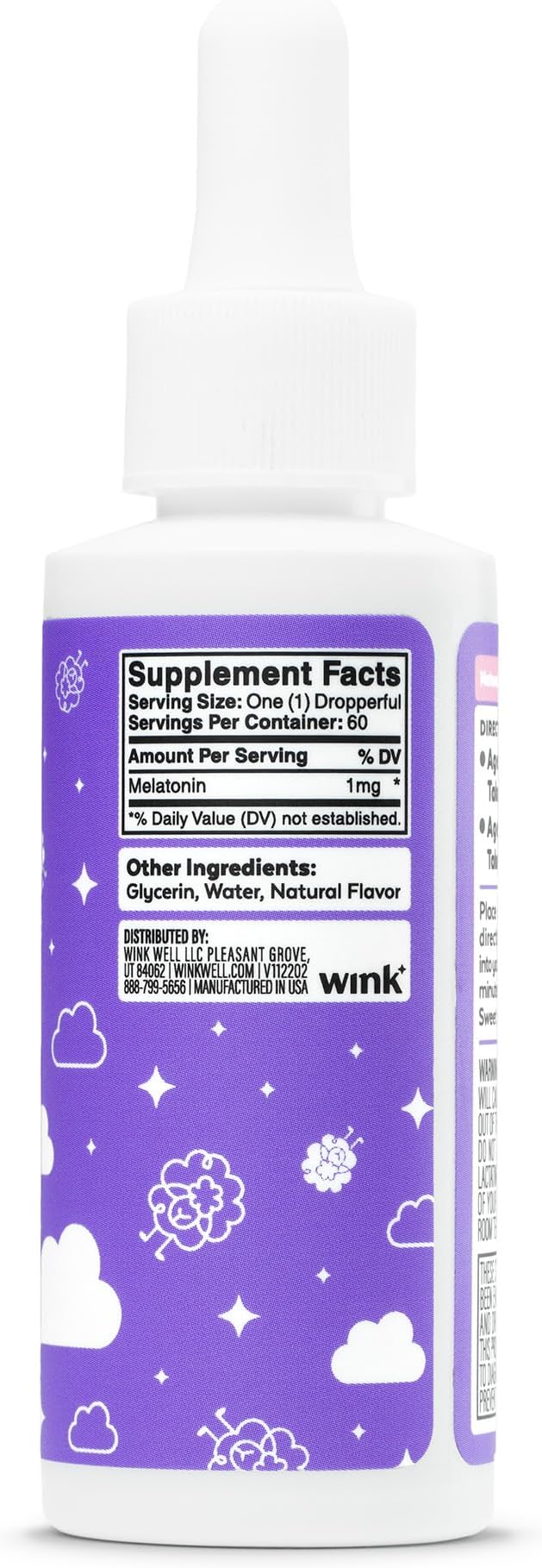 Wink Well Kids Liquid Melatonin Drops- Natural Baby Sleep Drops for Infants- Toddler Sleep Aid with 1mg Per Serving-Non-Addictive Children's Liquid Melatonin- 2 Oz