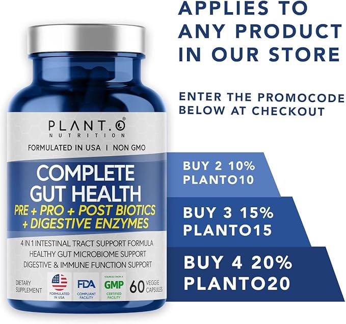 4-in-1 Prebiotic Probiotic & Postbiotic for Women & Men, Complete Gut & Digestive Support Supplement, Pre Post Probiotics & Digestive Enzymes 60 Capsules