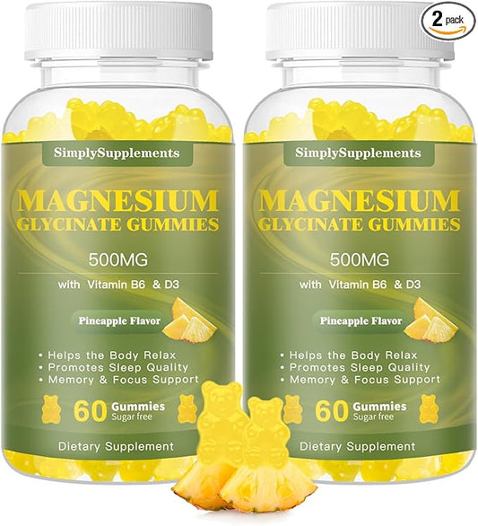 Magnesium Glycinate Gummies 500mg, Chewable Magnesium Supplement with Vitamin D3, B6, CoQ10, for Relaxation, Sleep & Mood Support, Calm Magnesium Gummies - 60 Pineapple Gummies (2 Pack)