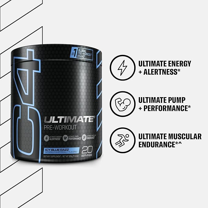 Cellucor C4 Ultimate Pre Workout Powder ICY Blue Razz - Sugar Free Preworkout Energy Supplement for Men & Women - 300mg Caffeine + 3.2g Beta Alanine + 2 Patented Creatines - 20 Servings