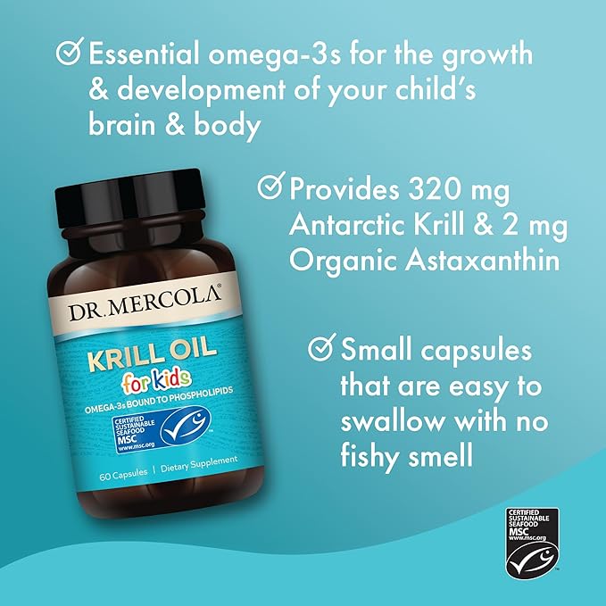 Dr. Mercola Krill Oil for Kids, 30 Servings (60 Capsules), Dietary Supplement, Omega-3s Bound to Phospholipids, Non-GMO, MSC Certified