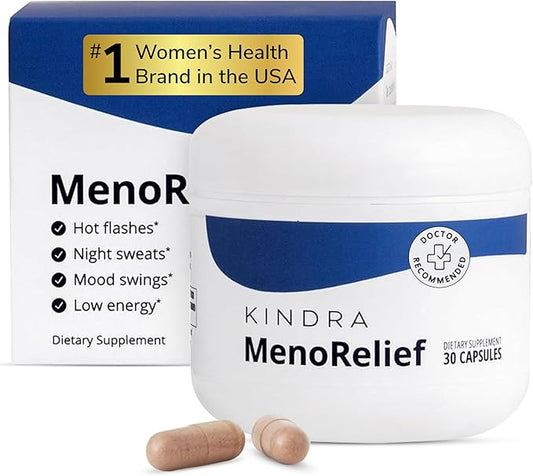 Kindra MenoRelief Menopause Perimenopause Supplement - Hormone-Free - for Hot Flashes, Night Sweats, Brain Fog, Low Libido, Vaginal Dryness for Women - Maca Root, Pycnogenol®, Dr-Recommended - 30 Ct