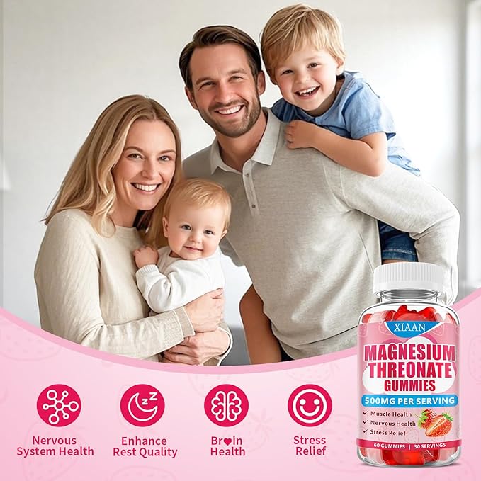 Magnesium L-Threonate Gummies 500mg, Suagr-Free Magnesium Threonate Supplement for Kids & Adults Muscle & Nervous Health Support, Strawberry Flavor 60 Count