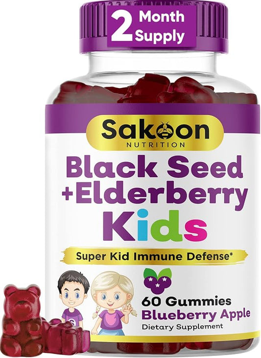 Elderberry & Black Seed Oil Gummies for Kids, Immune Support, with Vitamin C and Zinc, Delicious Berry Flavor, 60 Gummies