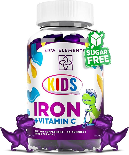 New Elements Iron Dinosaur Gummies for Kids with Vitamin C | Sugar-Free, Vegan, Gluten-Free & Non-GMO | Anemia Relief, Energy & Blood Health Support | Grape Flavor, Pectin-Based for Optimal Health