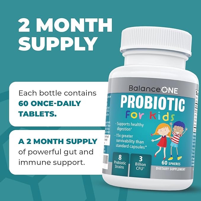 Balance ONE Time-Release Kids Probiotic - 15x Better Survivability Than Capsules or Gummies - 2 Month Supply - 3 Billion CFU Children’s Gut Health & Digestive Support - Sugar Free & Easy to Swallow