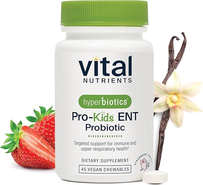 Hyperbiotics Vital Nutrients Pro Kids Probiotic ENT | Toddler Probiotics for Kids Ear, Nose and Throat | Targeted Immune and Digestive Health | Strawberry-Vanilla 45 Sugar-Free Chewable Tablets