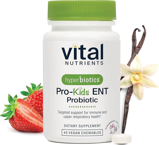 Hyperbiotics Vital Nutrients Pro Kids Probiotic ENT | Toddler Probiotics for Kids Ear, Nose and Throat | Targeted Immune and Digestive Health | Strawberry-Vanilla 45 Sugar-Free Chewable Tablets