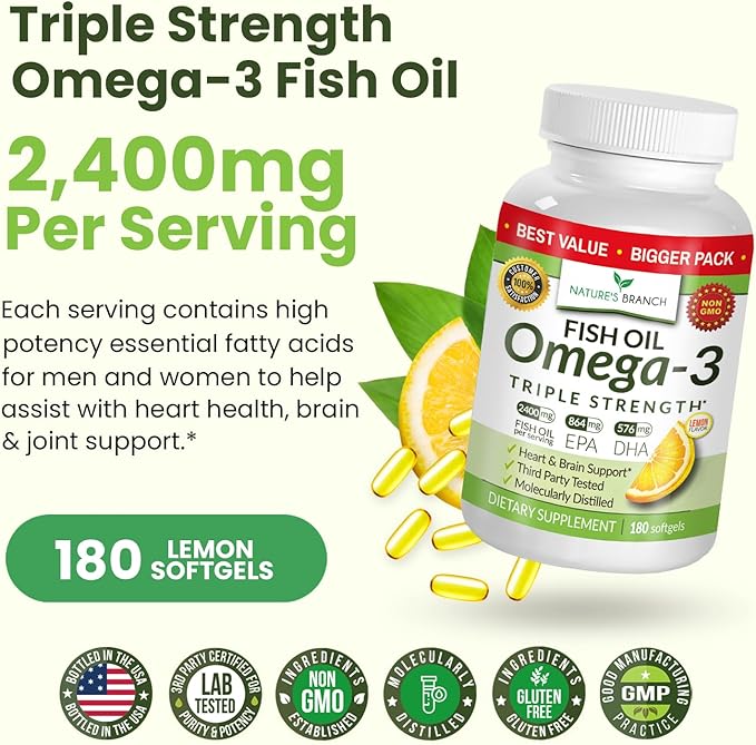 Best Triple Strength Omega 3 Fish Oil Pills - 180 Capsules - 2400mg High Potency Burpless Lemon Flavor 864mg EPA 576mg DHA Ultra Pure Liquid Softgels for Brain Joints Eyes Heart Health Supplement
