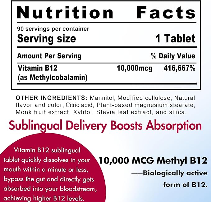 Vitamin B12, Methylcobalamin 10000 mcg, Active B12 Vitamins, Vegan Methyl B12 For Energy Metabolism & Brain Health, Boost Immune System, Natural Strawberry Flavor, Zero Sugar, 90 Fast Dissolve Tablets
