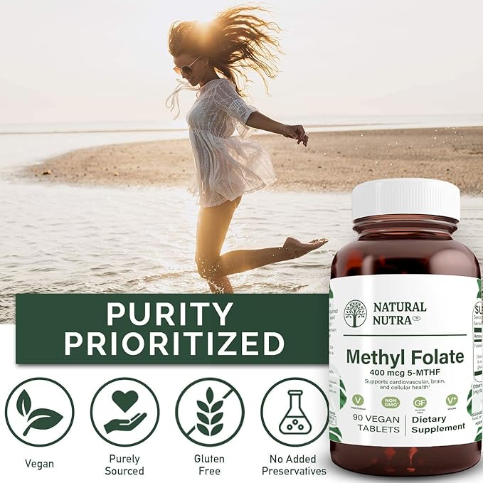 Natural Nutra Active Methyl Folate Supplement with Quatre Folic, Helps to Brain Health, Improve Heart Health, Support Body Health, Promotes Cell Health, Boost Body's Immune System, 90 Vegan Tablets