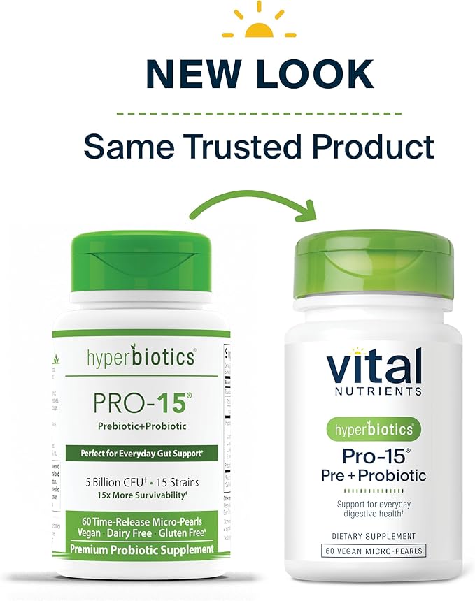 Hyperbiotics Vital Nutrients Pro-15 Pre + Probiotic | 15 Strains| Supports Occasional Constipation, Diarrhea, Gas & Bloating | Immune, Digestive & Gut Health | Shelf-Stable | Vegan | 60 Pearl Tablets