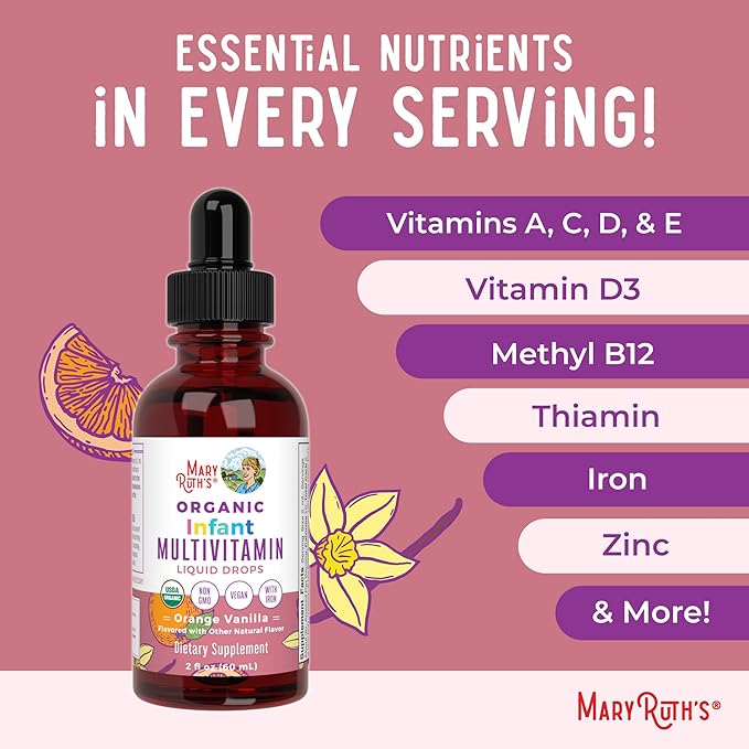 MaryRuth Organics Multivitamin with Iron for Infants | USDA Organic | Liquid Drops for Babies 6-12 Months | Immune Support & Overall Wellness | Vegan | Non-GMO | Gluten Free | 2 Fl Oz