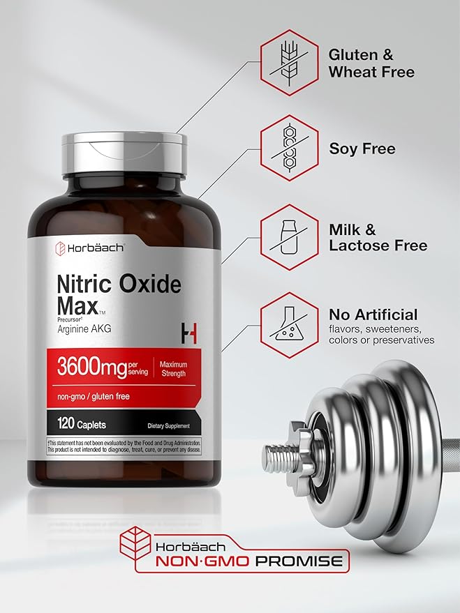 Horbäach Nitric Oxide Max 3600mg | 120 Caplets | with Arginine AAKG for Men and Women | Vegetarian, Non-GMO, & Gluten Free Pre Workout Supplement
